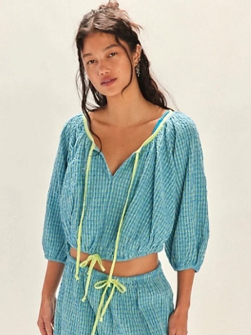 Free People Free-est Clara Plaid Blouse Top Printed Cropped Bubbled S